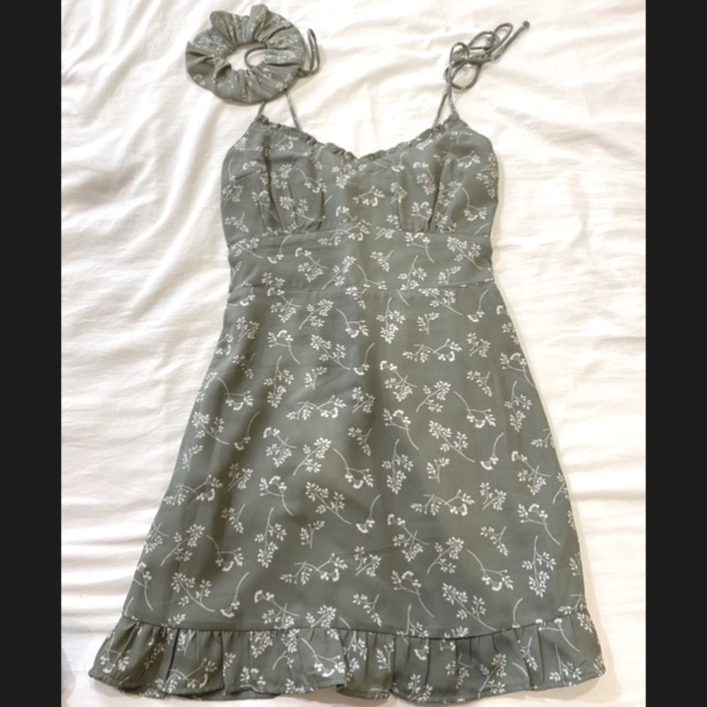 Abercrombie & Fitch sage green, tie shoulder, dress + matching hair tie.